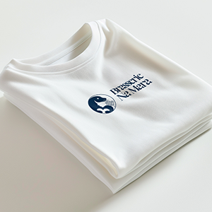 Mock up de t-shirt blanc, logo bleu Na Mara imprimé sur le devant. Photo sur fond blanc.